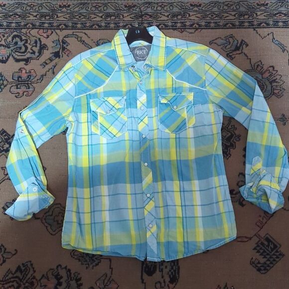 BKE Buckle Men's Athletic Fix Size m Western Plaid Pearl Snap Long - Picture 3 of 9